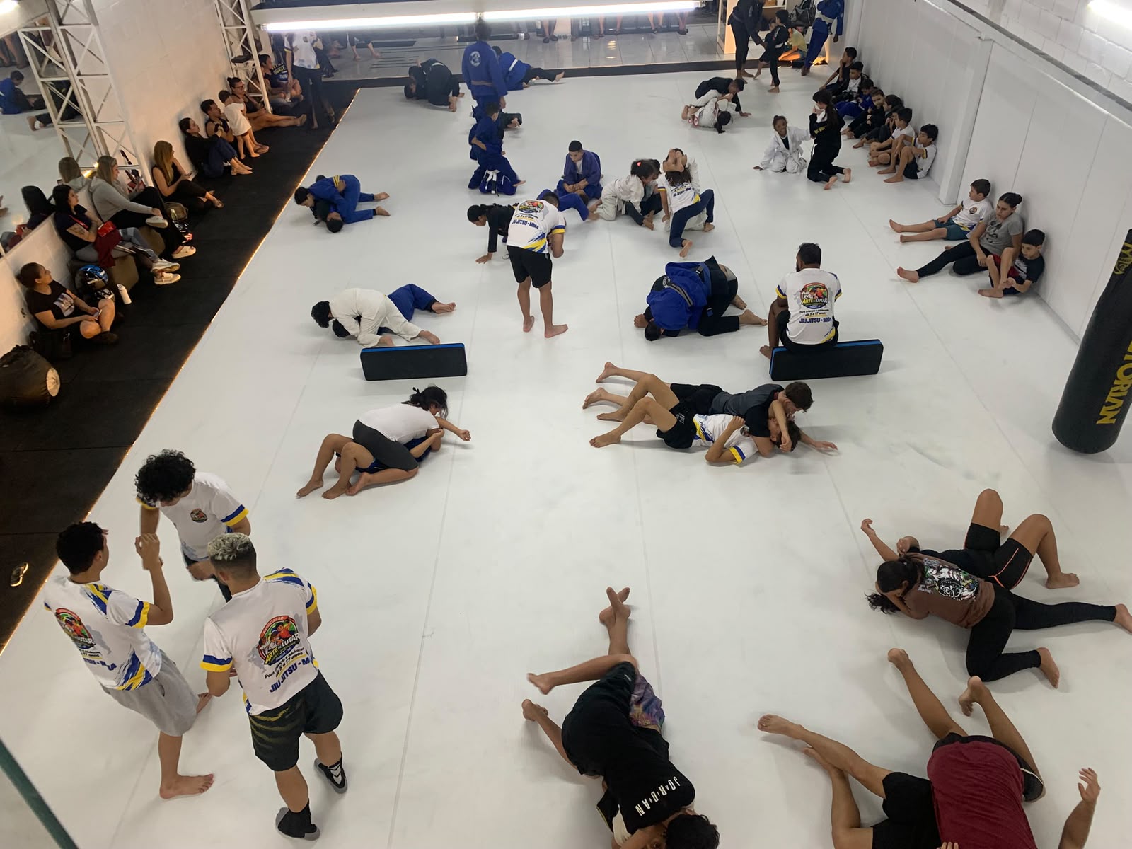 Vista do alto de uma aula com crianças e adolescentes treinando no tatame enquanto as famílias acompanham